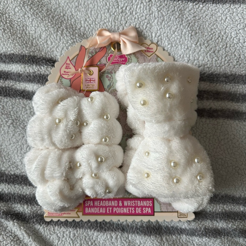 White Faux Fur Spa Headband and Wristbands with Pearls